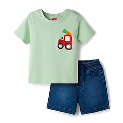Babyhug Single Jersey Knit Half Sleeves T-Shirt & Denim Shorts Set with Tractor Print - Green & Blue