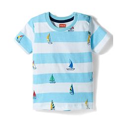 Babyhug 100% Cotton Knit Half Sleeves Striped & Nautical Theme Printed T-Shirt & Shorts Set With Cargo Pockets - Light & Navy Blue