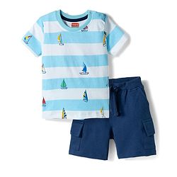 Babyhug 100% Cotton Knit Half Sleeves Striped & Nautical Theme Printed T-Shirt & Shorts Set With Cargo Pockets - Light & Navy Blue