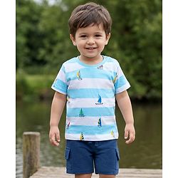 Babyhug 100% Cotton Knit Half Sleeves Striped & Nautical Theme Printed T-Shirt & Shorts Set With Cargo Pockets - Light & Navy Blue