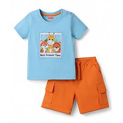 Babyhug Single Jersey Knit Half Sleeves T-Shirt & Shorts Set with Animal Print - Blue & Orange