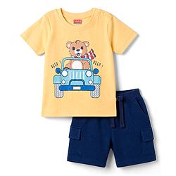 Babyhug Single Jersey Knit Half Sleeves T-Shirt & Shorts Set With Teddy Print - Yellow & Blue
