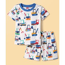 Babyhug Cotton Knit Half Sleeves Co-Ord T-Shirt & Shorts Night-Suit With JCB Print - Offwhite