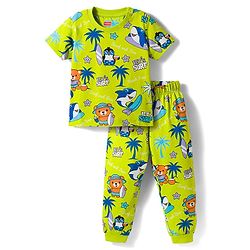Babyhug Cotton Knit Half Sleeves T-Shirt & Pyjama Co-ord Night Suit With Animal Print - Green