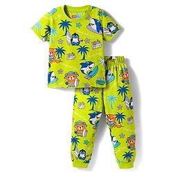 Babyhug Cotton Knit Half Sleeves T-Shirt & Pyjama Co-ord Night Suit With Animal Print - Green