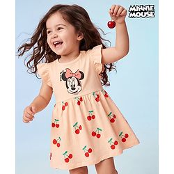 Babyhug Disney Single Jersey Cotton Knit Frock with Flutter Sleeves and Minnie Mouse and Cherry Print - Pink