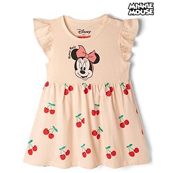 Babyhug Disney Single Jersey Cotton Knit Frock with Flutter Sleeves and Minnie Mouse and Cherry Print - Pink