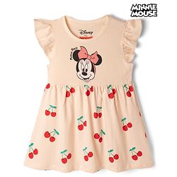 Babyhug Disney Single Jersey Cotton Knit Frock with Flutter Sleeves and Minnie Mouse and Cherry Print - Pink