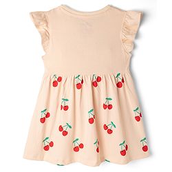 Babyhug Disney Single Jersey Cotton Knit Frock with Flutter Sleeves and Minnie Mouse and Cherry Print - Pink