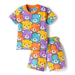 Babyhug Cotton Knit Half Sleeves T-Shirt & Short Night Suit with Bear Print - Mutlicolour