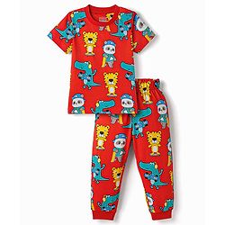 Babyhug Cotton Knit Half Sleeves T-Shirt & Pyjama Co-ord Night Suit With Animal Print - Red