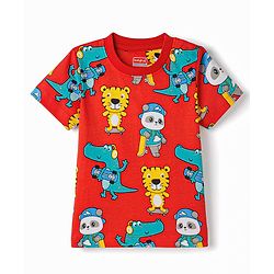 Babyhug Cotton Knit Half Sleeves T-Shirt & Pyjama Co-ord Night Suit With Animal Print - Red