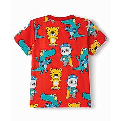 Babyhug Cotton Knit Half Sleeves T-Shirt & Pyjama Co-ord Night Suit With Animal Print - Red