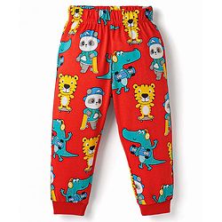 Babyhug Cotton Knit Half Sleeves T-Shirt & Pyjama Co-ord Night Suit With Animal Print - Red