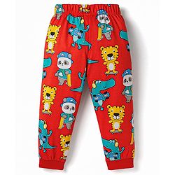 Babyhug Cotton Knit Half Sleeves T-Shirt & Pyjama Co-ord Night Suit With Animal Print - Red