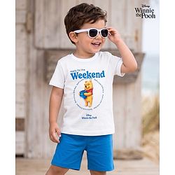 Babyhug Disney Terry Knit Half Sleeves T-Shirt & Shorts Set with Winnie The Pooh Grapichs - White & Blue
