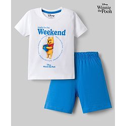 Babyhug Disney Terry Knit Half Sleeves T-Shirt & Shorts Set with Winnie The Pooh Grapichs - White & Blue