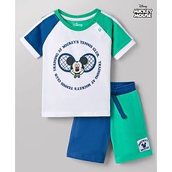 Babyhug Disney 100% Cotton Knit Half Raglan Sleeves T-Shirt & Shorts Set With Mickey Mouse Graphic - Blue & Sea Green