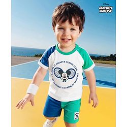 Babyhug Disney 100% Cotton Knit Half Raglan Sleeves T-Shirt & Shorts Set With Mickey Mouse Graphic - Blue & Sea Green