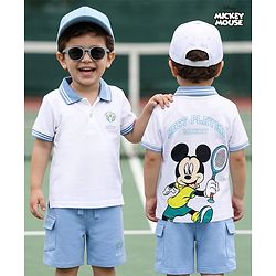 Babyhug Disney 100% Cotton Knit Half Sleeves Polo T-Shirt With Shorts Set With Mickey Mouse Graphic - Light Blue