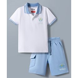 Babyhug Disney 100% Cotton Knit Half Sleeves Polo T-Shirt With Shorts Set With Mickey Mouse Graphic - Light Blue