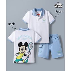 Babyhug Disney 100% Cotton Knit Half Sleeves Polo T-Shirt With Shorts Set With Mickey Mouse Graphic - Light Blue