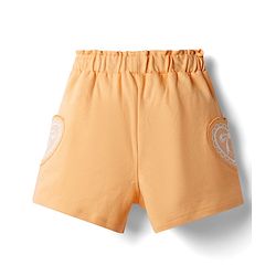 Babyhug Terry Knit Mid Thigh Shorts With Heart Embroidery & Bow Applique - Peach