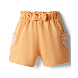 Babyhug Terry Knit Mid Thigh Shorts With Heart Embroidery & Bow Applique - Peach