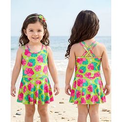 Babyhug Water Repellent Sleeveless Frock Swimsuit with Floral Print - Lime Green