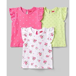 Babyhug Cotton Knit T-Shirts with Ruffle Sleeves and All-Over Print Pack of 3 Multi Color 6-9 Months