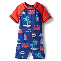 Babyhug Water Repellant Half Raglan Sleeves Legged Swimsuit with Crab Print - Navy Blue