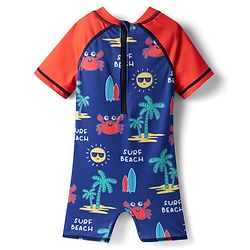 Babyhug Water Repellant Half Raglan Sleeves Legged Swimsuit with Crab Print - Navy Blue