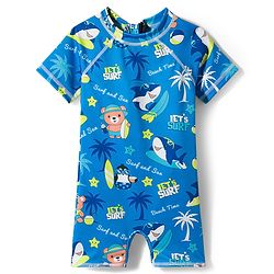 Babyhug Half Raglan Sleeves Water Repellent Legged Swimsuit With Shark Print - Blue