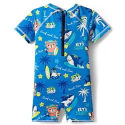 Babyhug Half Raglan Sleeves Water Repellent Legged Swimsuit With Shark Print - Blue