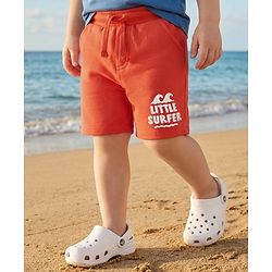 Babyhug Terry Knit Mid Thigh Length Shorts with Little Surfer Print - Red