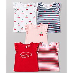 Babyhug Cotton Knit T-Shirts with Graphic Print and Ruffled Sleeves Multi Color 6-9 Months Pack of 5