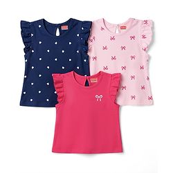 Babyhug Cotton Knit Frill Sleeves Hearts Printed T-Shirts Pack of 3 - Navy & Pink