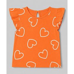 Babyhug 100% Cotton Knit Frill Sleeves Hearts & Text Printed T-Shirts Pack Of 3 - Purple Orange & White