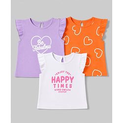 Babyhug 100% Cotton Knit Frill Sleeves Hearts & Text Printed T-Shirts Pack Of 3 - Purple Orange & White