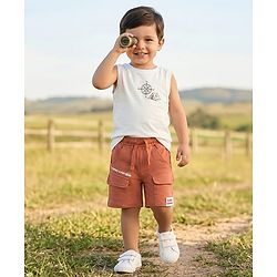 Babyhug Terry Knit Mid Thigh Vehicles Printed Shorts With Cargo Pockets - Brown