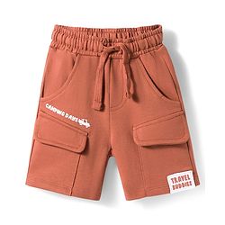 Babyhug Terry Knit Mid Thigh Vehicles Printed Shorts With Cargo Pockets - Brown