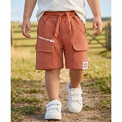 Babyhug Terry Knit Mid Thigh Vehicles Printed Shorts With Cargo Pockets - Brown