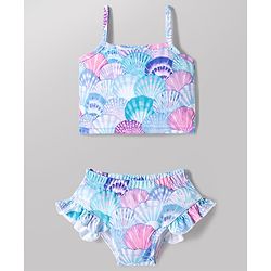 Babyhug Water Repellent Sleeveless Two Piece Swimsuit With Sea Shell Print - Sky Blue