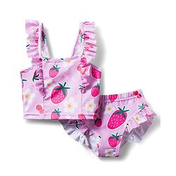 Babyhug Sleeveless Water Repellent Two Piece Swimsuit  With Floral & Strawberry Print - Pink