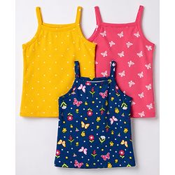 Babyhug 100% Cotton Knit Sleeveless Polka Dots & Floral Printed Slips Pack of 3 - Pink Navy Blue & Yellow
