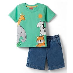 Babyhug Single Jersey Knit Half Sleeves T-Shirt & Shorts Set With Animal Print - Green & Blue