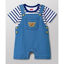 Babyhug Interlock Knit Half Sleeves Striped T-Shirt & Dungaree Set With Bear Patch - Multicolor