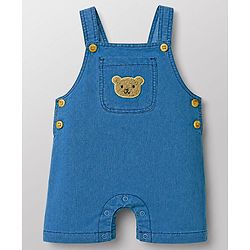 Babyhug Interlock Knit Half Sleeves Striped T-Shirt & Dungaree Set With Bear Patch - Multicolor