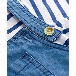 Babyhug Interlock Knit Half Sleeves Striped T-Shirt & Dungaree Set With Bear Patch - Multicolor