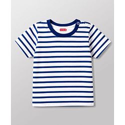 Babyhug Interlock Knit Half Sleeves Striped T-Shirt & Dungaree Set With Bear Patch - Multicolor